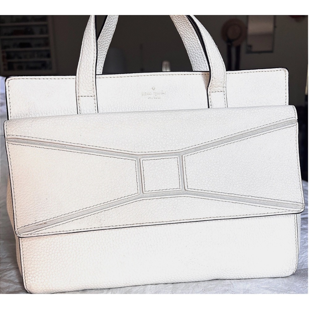 Kate Spade New York White Pebbled Leather Bow Tote Bag Cream PXRU8273